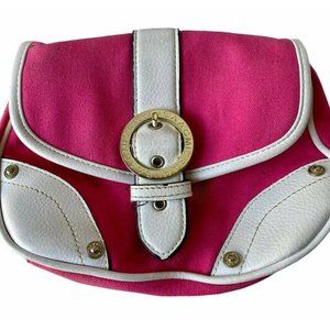 Isaac Mizrah Pink And White Leather And Canvas Bag